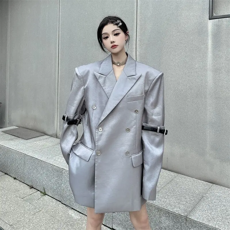 UNXX Silver Gray Belted Blazer Women New Lapel Long Sleeve Loose Fit Jackets Fashion Tide Spring Autumn Jacket Women Clothing