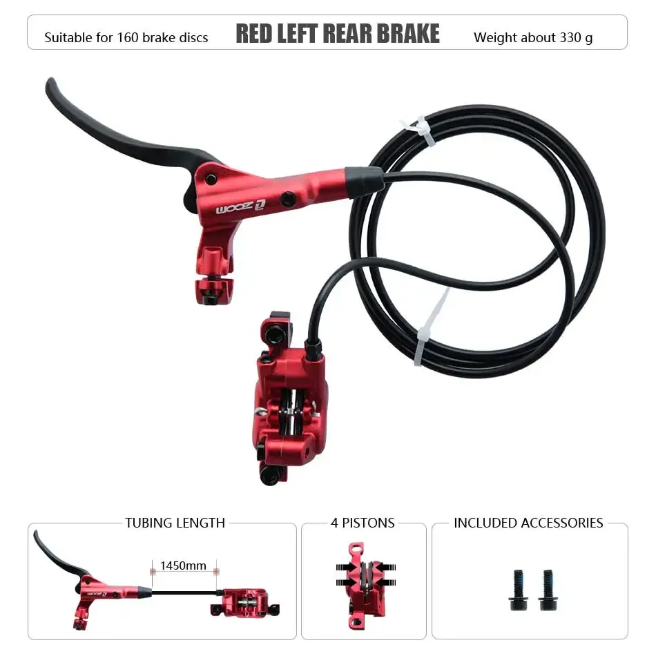 Zoom HB-876 4 Zuiger Opvouwbare Mountainbike Schijf Hydraulische Rem Set Voor 800 Achter 1400 Mm Mtb Fiets Kramp Rode Fietsonderdelen