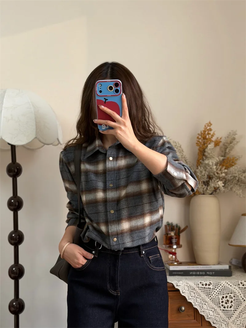 

Утепленная двусторонняя рубашка с воротником свободного кроя, женская, в стиле ретро, с клетчатым узором, из пушистого хлопка, с длинными рукавами