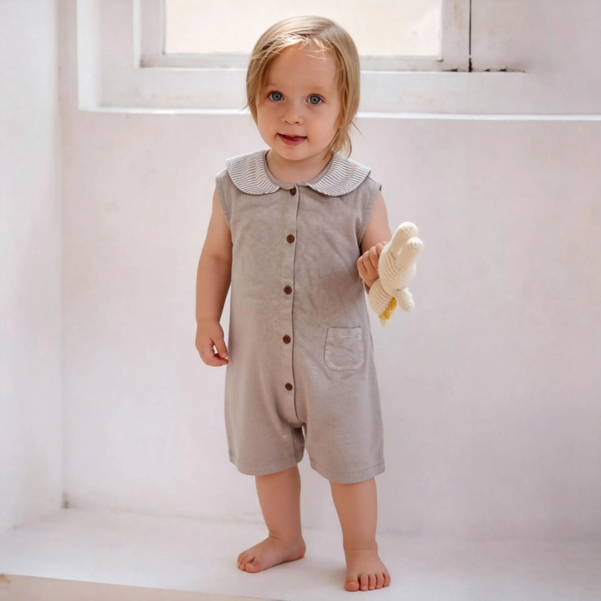 Newborn Baby Sleeveless Romper Peter Pan Collar Cotton Button Down Jumpsuit Toddler Boys Girls Summer Casual Playsuit