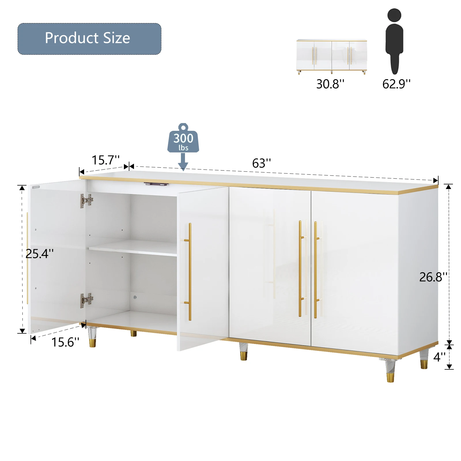 خزانة بوفيه مقاس 63 بوصة مع مساحة تخزين، وخزانة جانبية عالية اللمعان مع أرفف وأبواب قابلة للتعديل، وطاولة وحدة تحكم للتخزين
