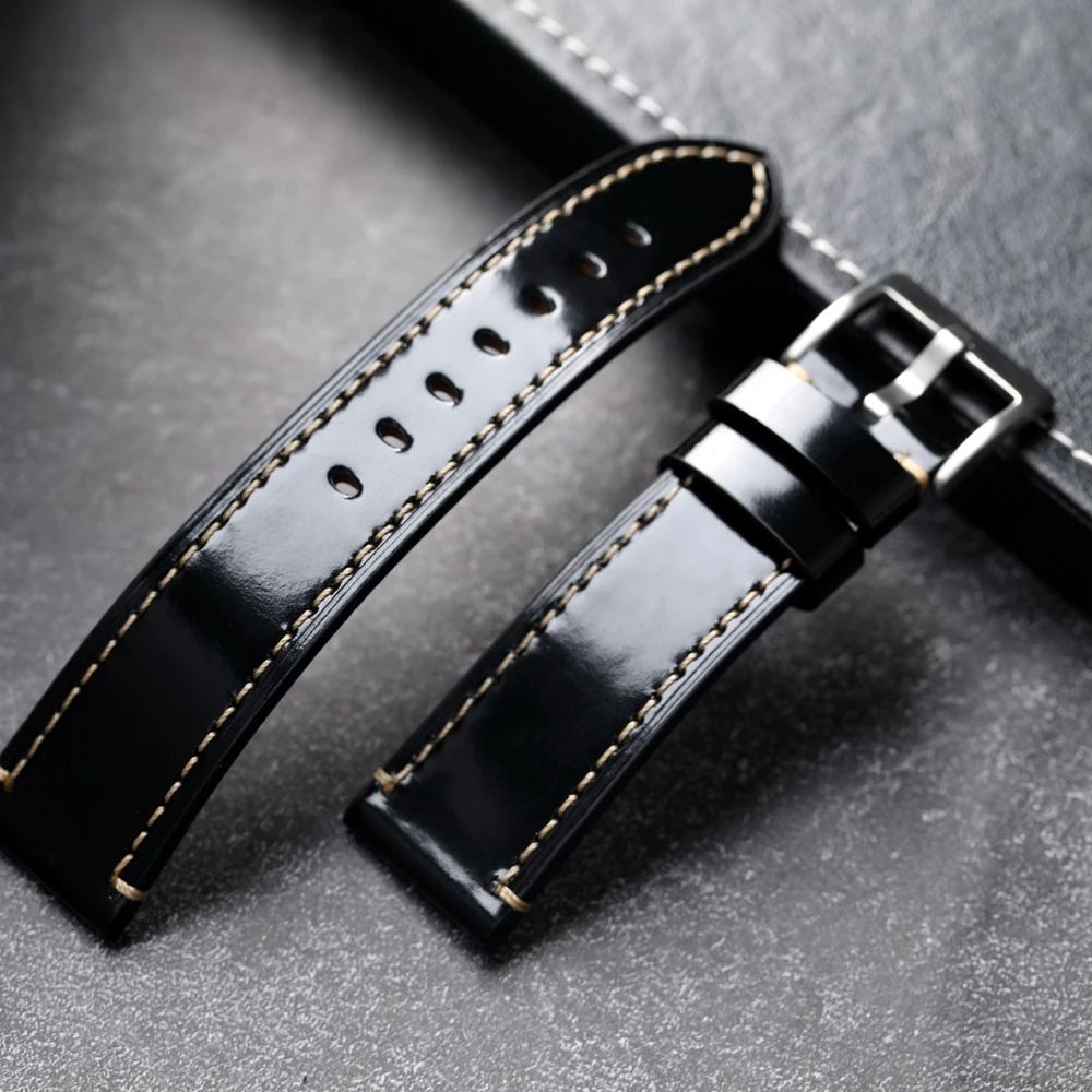 Handmade Vintage Leather Bracelet 20 21 22MM Black Soft Thickened Genuine Leather Watchband Men Soft Premium Japan Straps