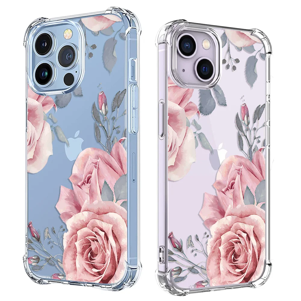 Shockproof Phone Case For iPhone 14 13 12 11 Pro X XS XR Max 7 8 Plus SE 2020 Mini Plum Rose Flower Soft Clear TPU Back Cover