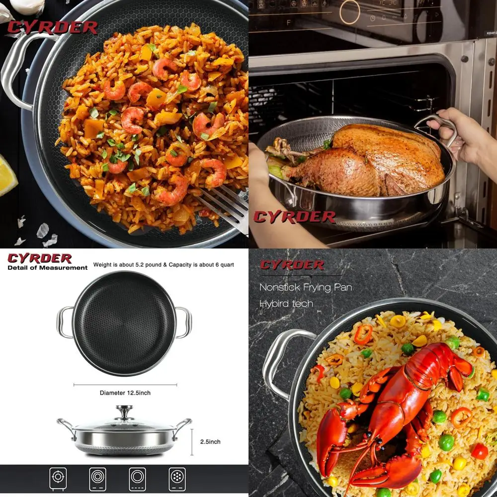 

12-Inch 316L Stainless Steel Hybrid Nonstick Induction-Ready Pan with Lid, Dual Handles, Dishwasher and Oven Safe, 6-Quart Multi