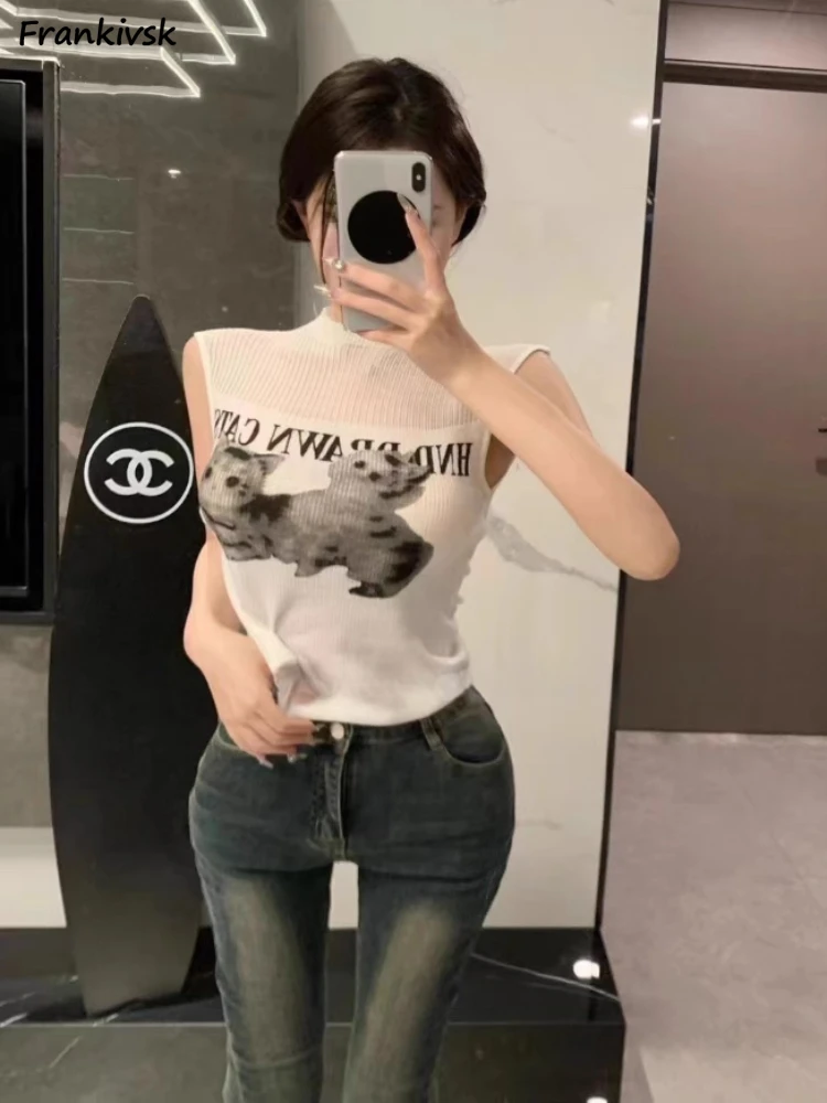 Tanks Women Hotsweet Cartoon Print Summer Sexy Streetwear Chic O-neck Shinny Casual Breathable Lovely All-match Korean Style New