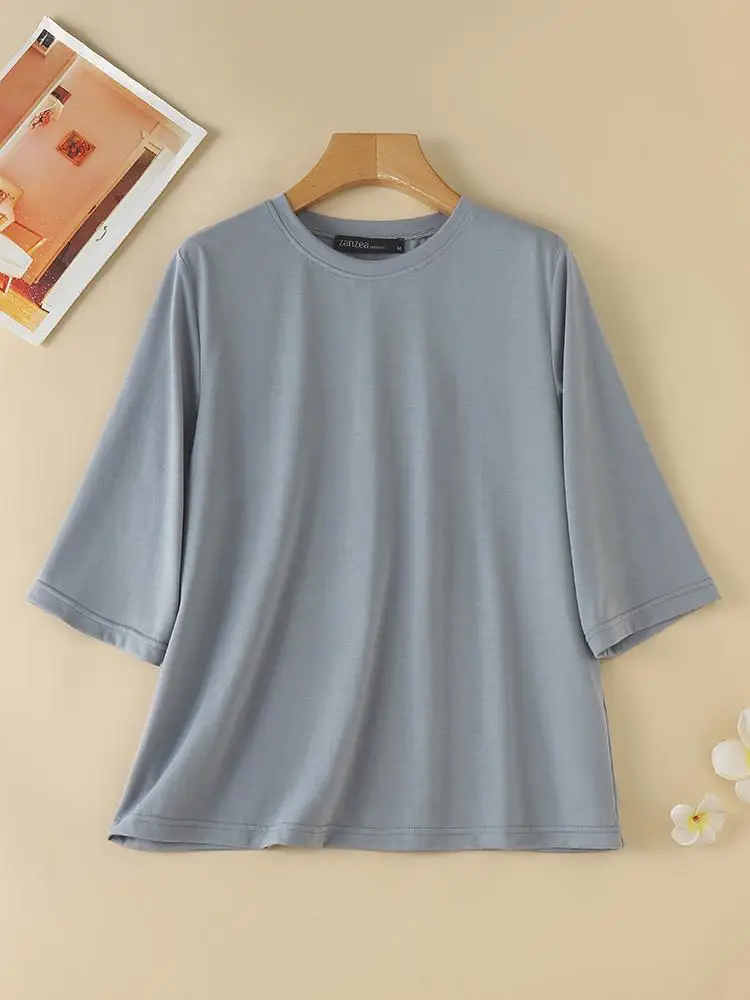 ZANZEA donna Solid Basic t-shirt elegante mezza manica ufficio top 2024 estate girocollo tunica coreano semplice Casual sciolto Blusas