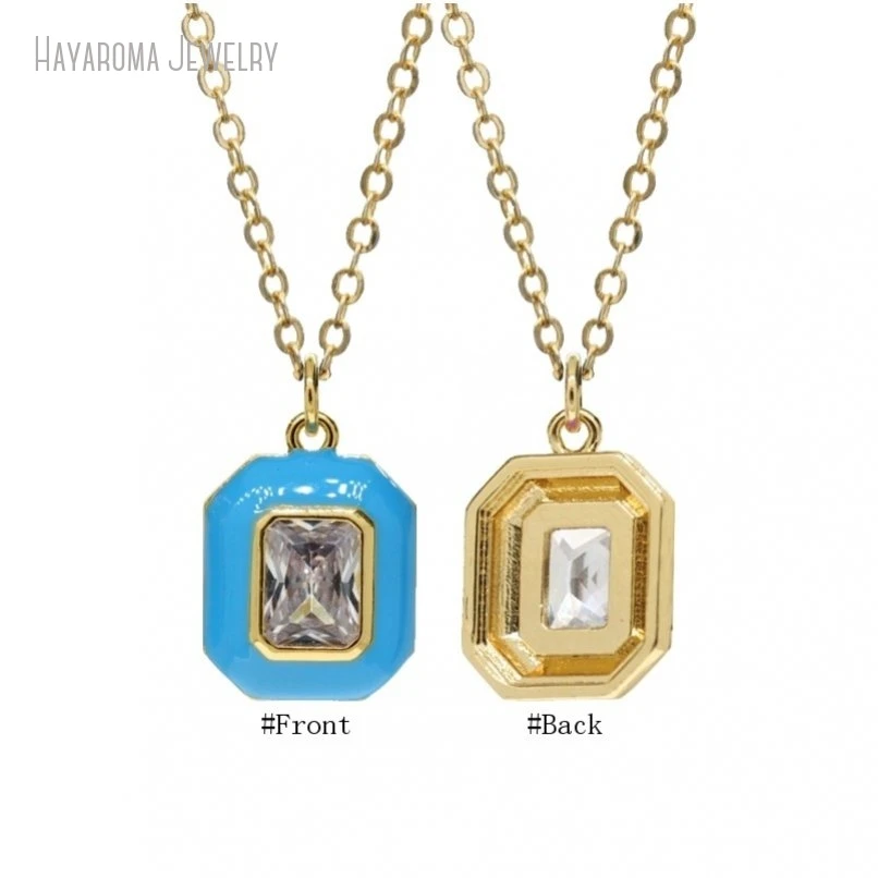 

10Pcs Geometric Octagon Metal Cubic Zirconia Blue Gold Color Chain Wholesale Enamel Jewelry Copper Necklace NM47969