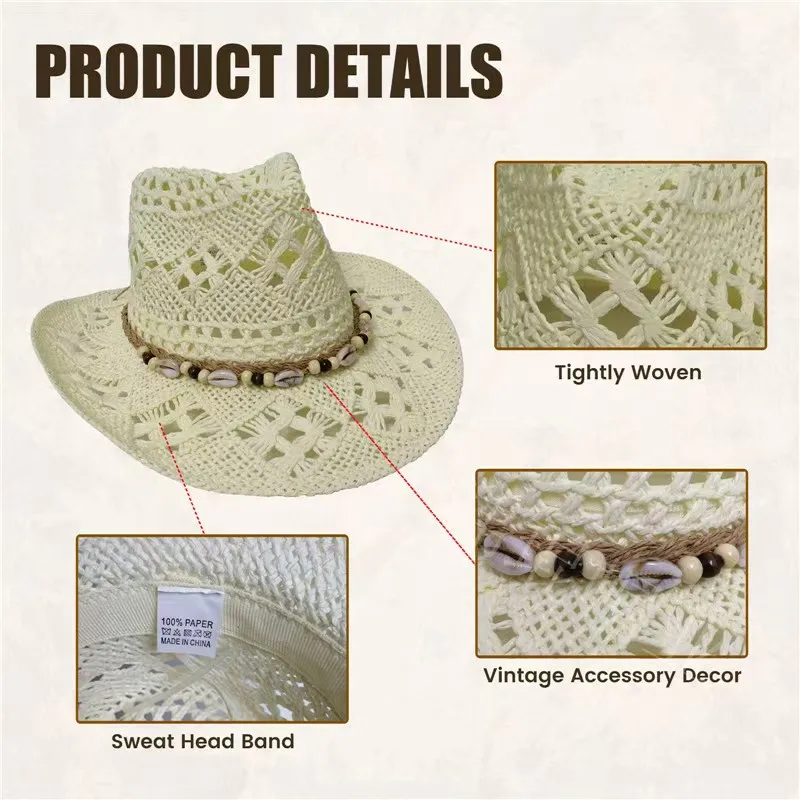 الصيف البوهيمي قذيفة القش قبعة الشاطئ النساء الرجال قبعات رعاة البقر الخرز الخشبي الجوف خارج الغربية واسعة حافة قبعة الشمس عطلة قبعة