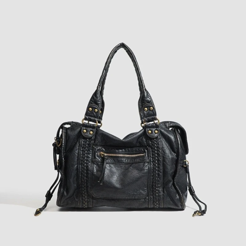 

2025 New Women's Retro Washed PU Leather Shoulder Bag Fashionable Zipper Handbag Soft Fabric Crossbody Bag Daily Travel Tote Bag