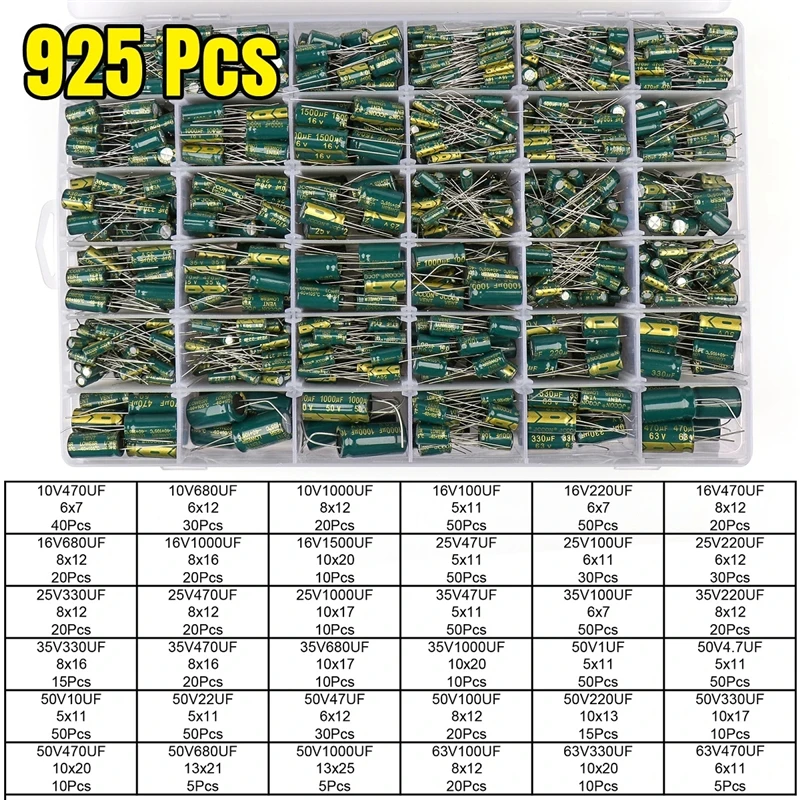 Caja de muestras de condensador electrolítico de aluminio de alta frecuencia, enchufe verde, 36 valores de resistencia, 10V470uF-63V470uF, 925 piezas