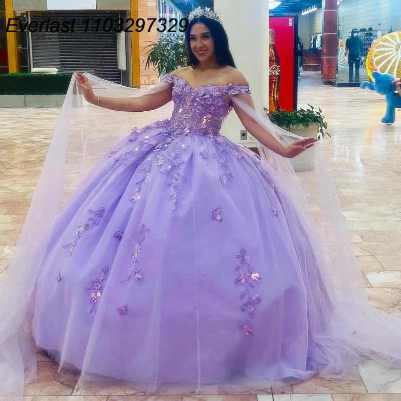 

EVLAST Shiny Lavender Quinceanera Dress Ball Gown Lace Flowers Applique Beading With Cape Sweet 16 Vestido De 15 Anos TQD428