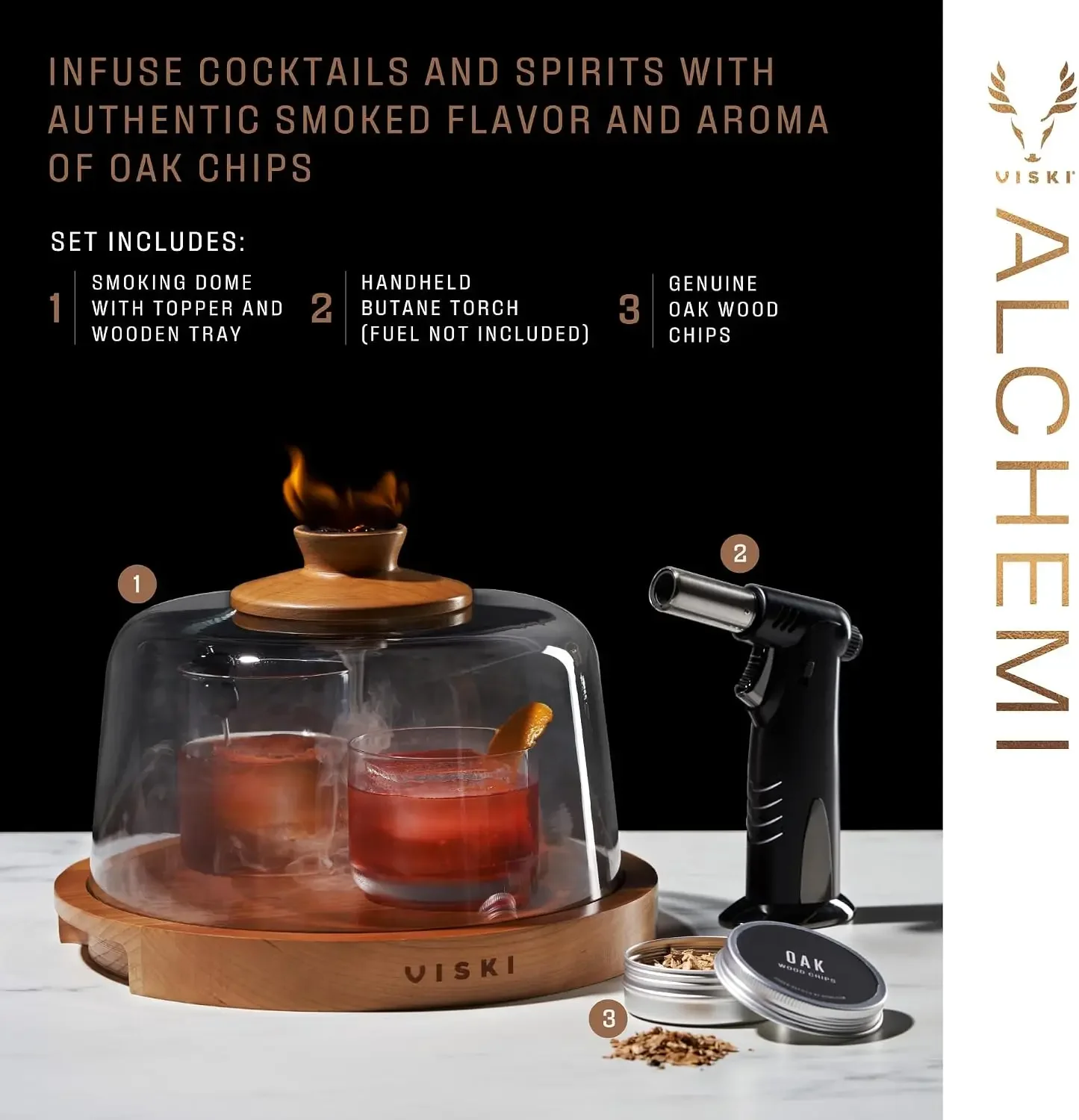 Alchemi Cocktail Smoker Kit, Handy Smoking Dome with Topper and Wooden Tray, Handheld Butane Torch, Mesh Strainer Oak Wood Chips