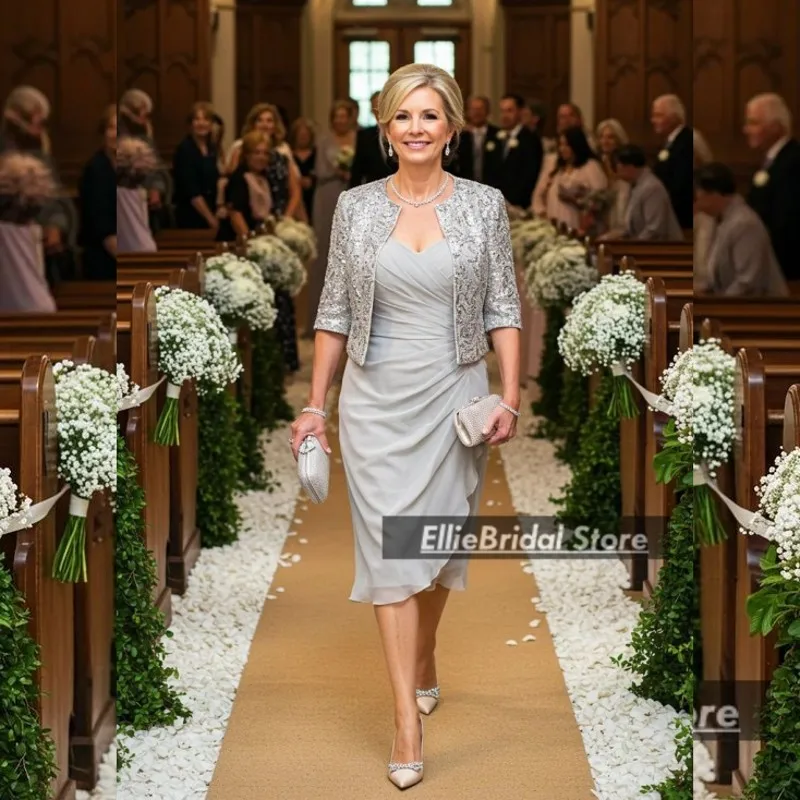 

Modest Silver Mother of the Bride Dresses With Jacket Lace Chiffon Wedding Party Dress robes invitée mariage Customized