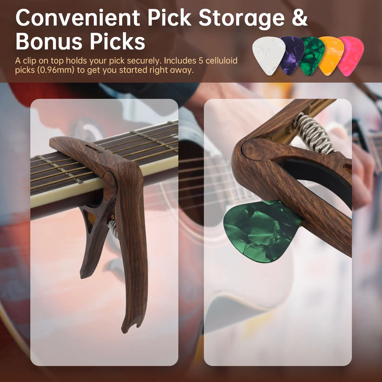 2개입 모조 나무결 기타 카포 어쿠스틱 일렉트릭 기타 밴조 만돌린 우쿨렐레 카포 피크 홀더 핀 풀러