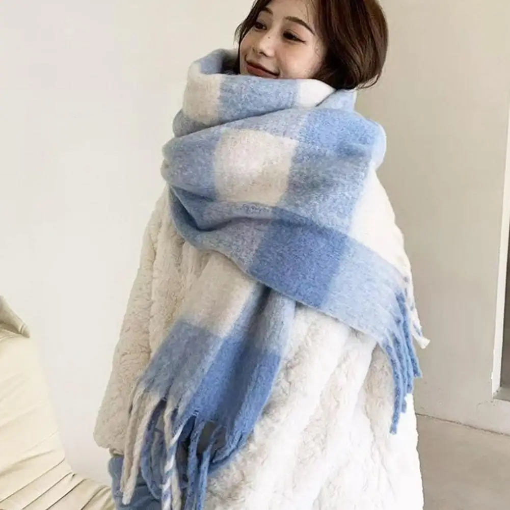 Korean Version Blue And White Checkered Women\'s Fashion Scarf Versatile For Winter Soft Warm Thickened Imitation Cashmere Scarf