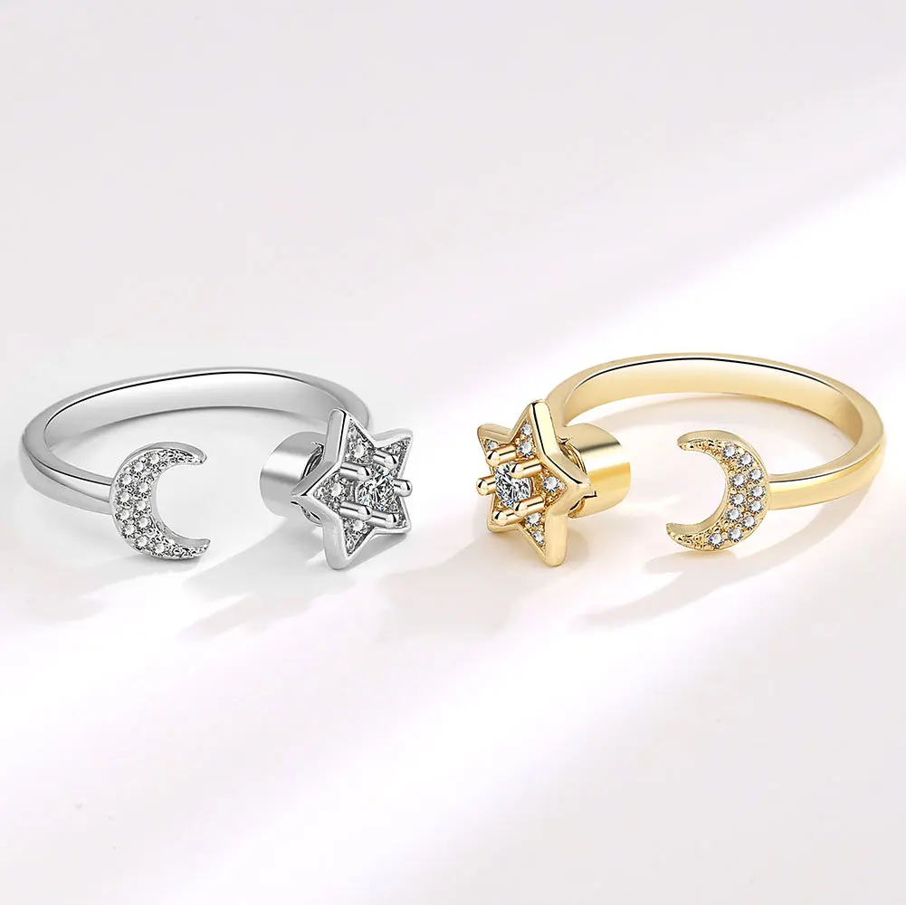 925 Sterling Silver Moon And Stars Zircon Rotatable Ring For Women Gift Diamond Relieve Stress Jewelry Wholesale