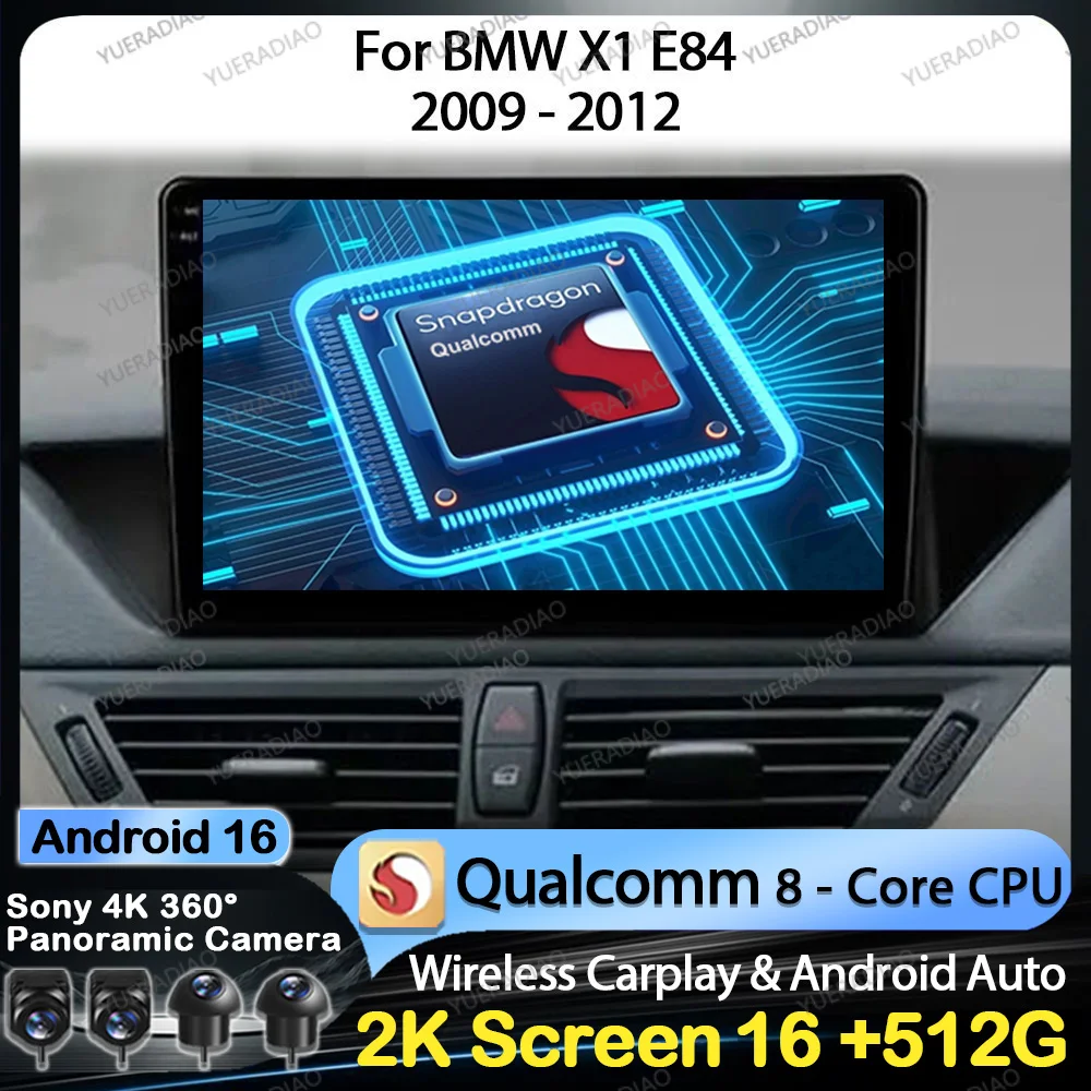 Radio para Auto Android 16 para BMW X1 E84 2009 - 2012, Unidad Principal con Carplay y Android Auto, Cámara de Reversa, GPS, NAVI, FM, BT, DVD, SWC