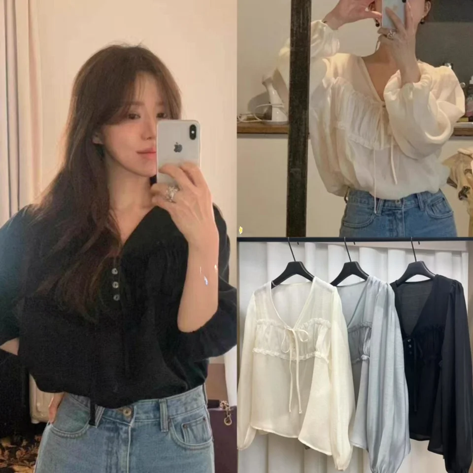 

Elegant Sweet Bow Tie V Neck Slimming Bubble Sleeve Long Sleeve Shirt Women's Top Korean Style Loose Fit Summer Thin Fabric