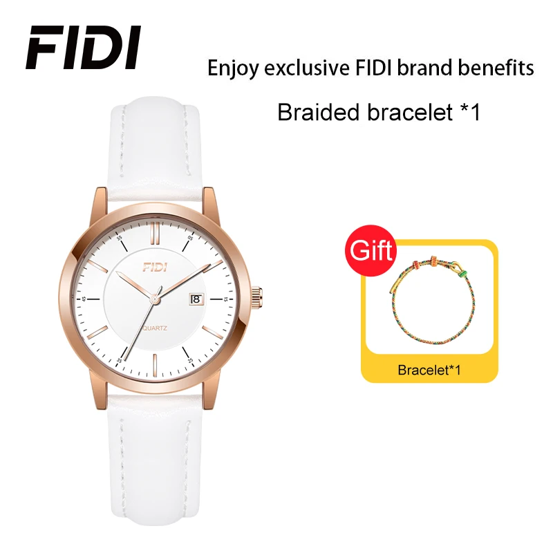 

FIDI Women Quartz Watch Leather Strap Ladies Wristwatch With Date Display Fashion Female Clock Free Braided Bracelet Gift