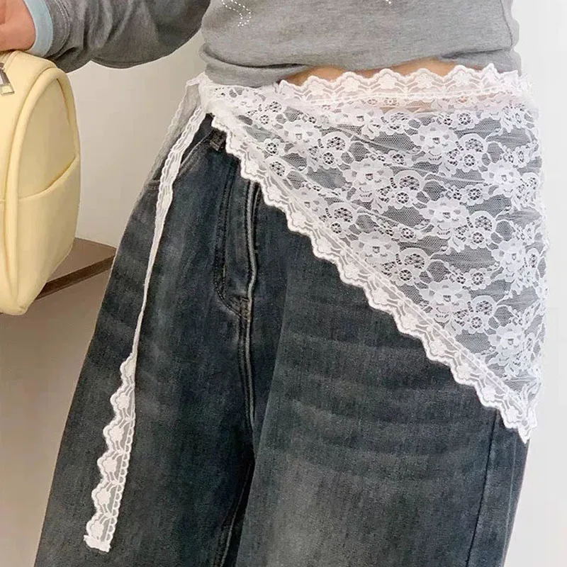 Summer Harajuku Floral Lace Embroidery Mini Skirt Tie Up Butt Curtain Skirt Women Triangle Apron Skirt Y2K Stacked Half Skirt