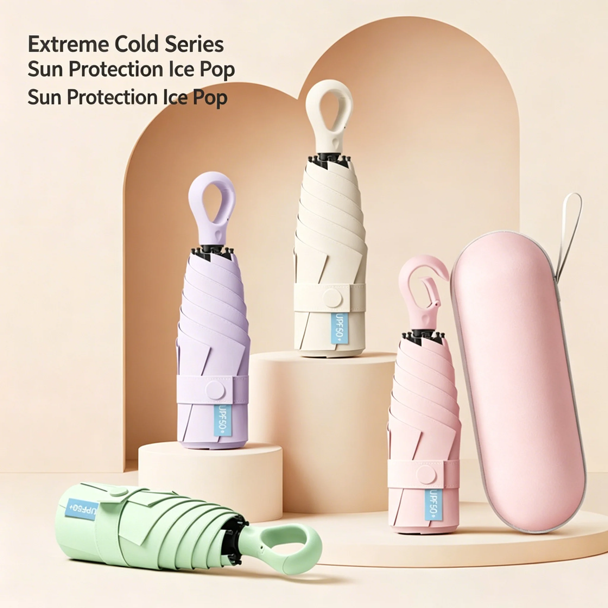 Mini Umbrella Folding Compact 5-Fold Portable with Carabiner Ring Lightweight UPF 50UV Protection Sun-Rain Umbrella Small Size