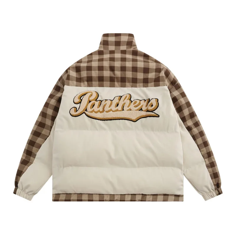 Jaqueta acolchoada com letra bordada para homens, patchwork xadrez, gola, bainha de cordão, manga comprida, casaco grosso