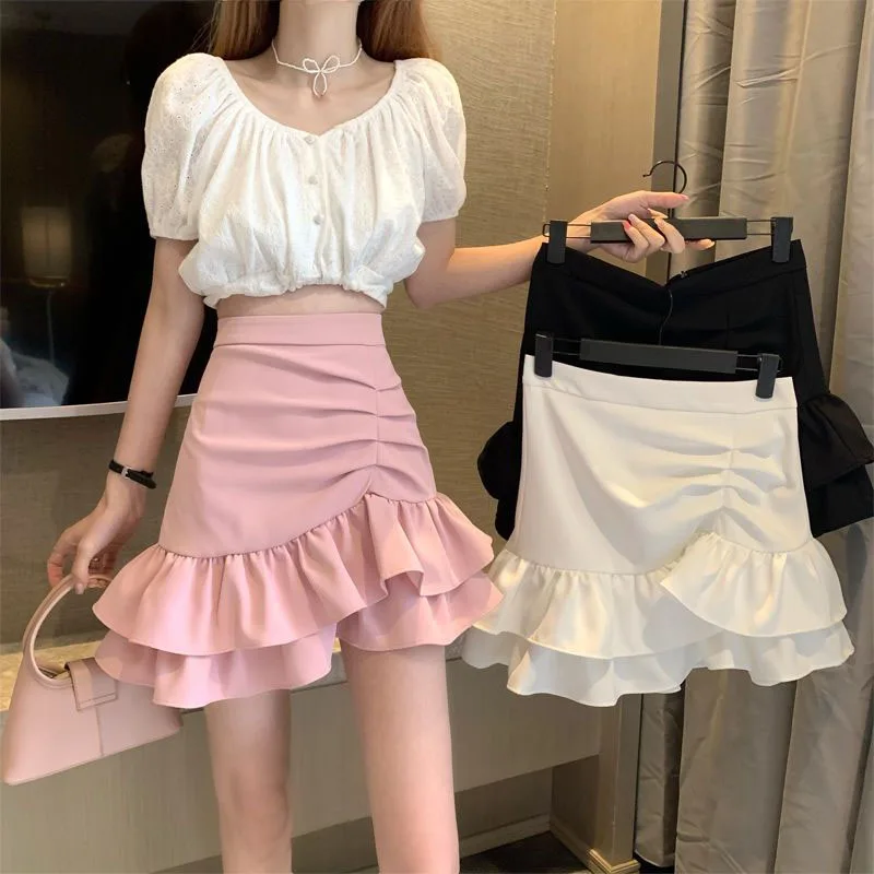 

Lucyever Irregular Ruffles Short Skirts Woman Korean Fashion High Wiast Mini Skirt for Women Black White Pink Fishtail Skirts