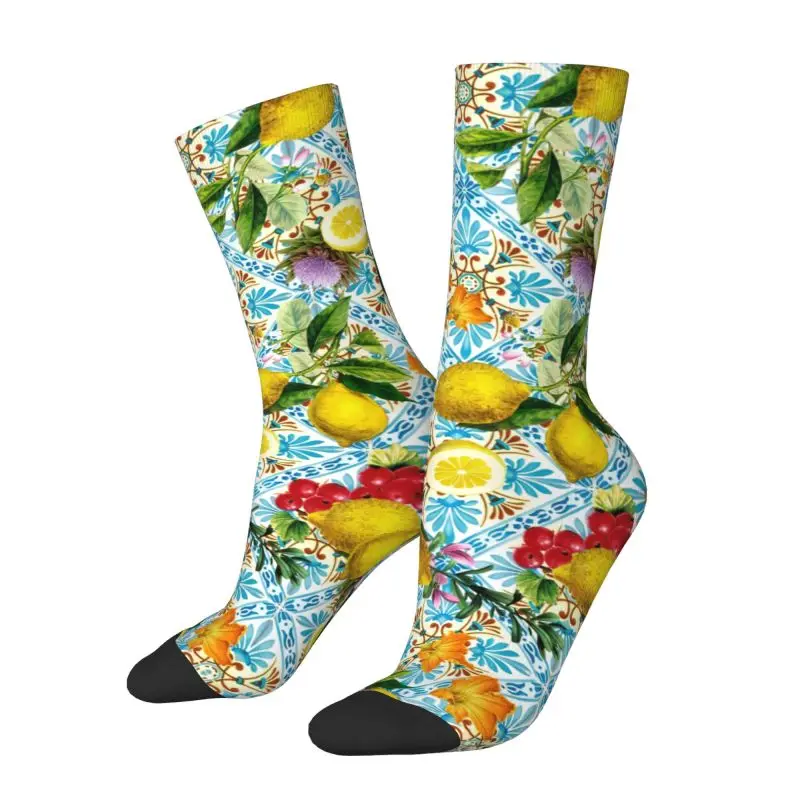 Custom Mediterranean Summer Fruit Sicilian Lemons Tiles Dress Socks for Men Women Warm Fashion Crew Socks