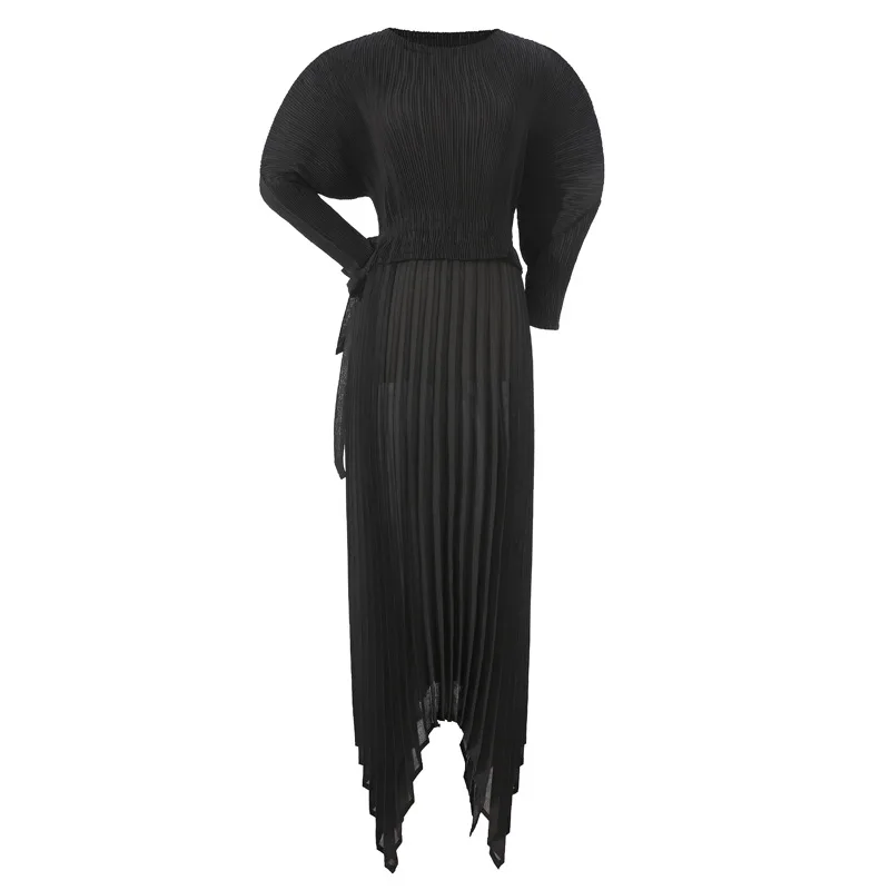 여자 드레스 Miyake Pleated 패션 하이 스트리트 솔리드 느슨한 대형 슬래시 목 여름 Batwing 슬리브 Mid-Calf Dresses Tdie