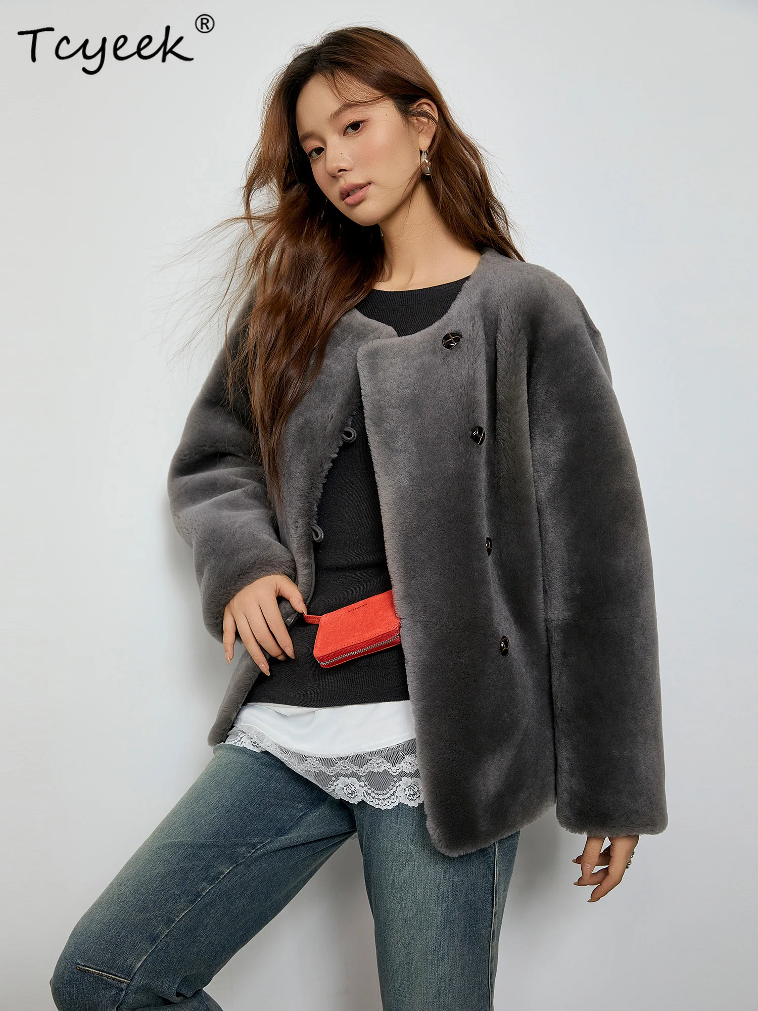 Tcyeek Wool Autumn Winter Round Neck Fur Integrated Solid Color Short Women's Wool Genuine Leather Fur Coat Fourrures Femme