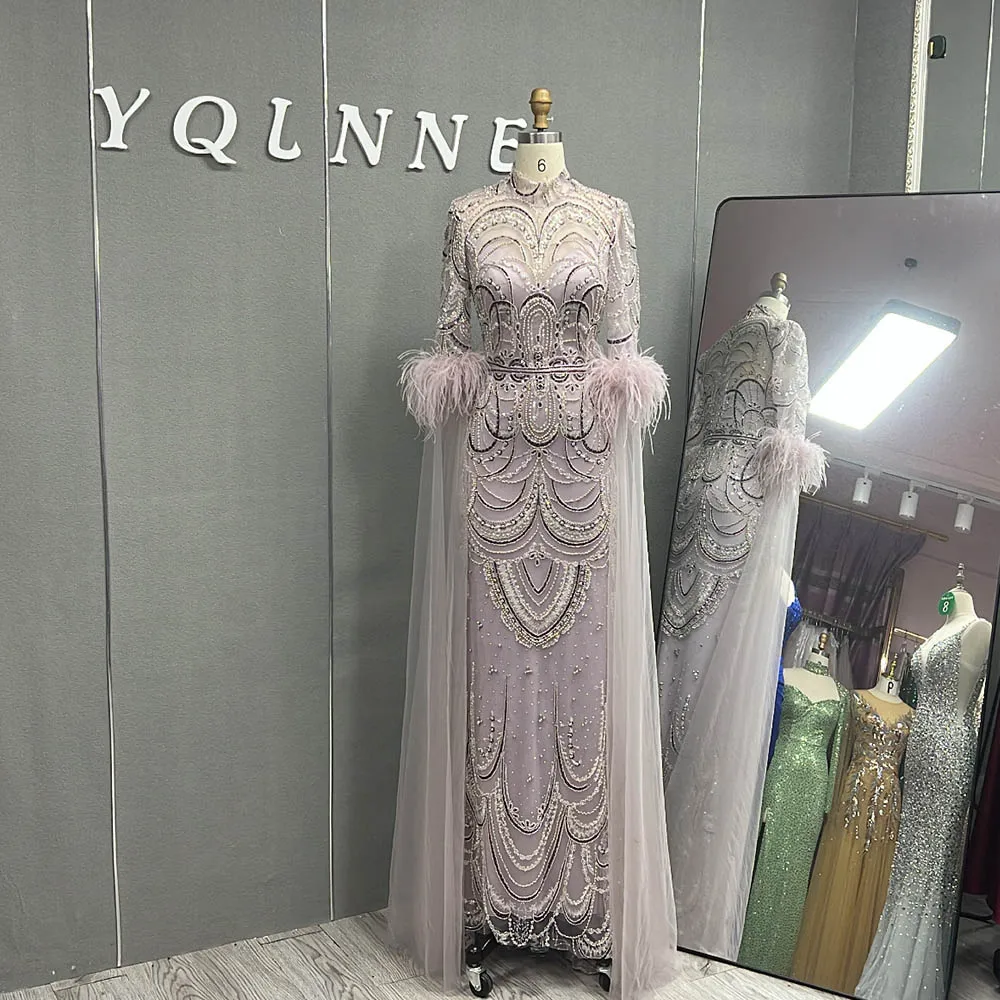 

Luxury Light Purple Feathers Evening Dresses Long Sleeve High Neck Beaded Tulle Formal Prom Gown Mermaid