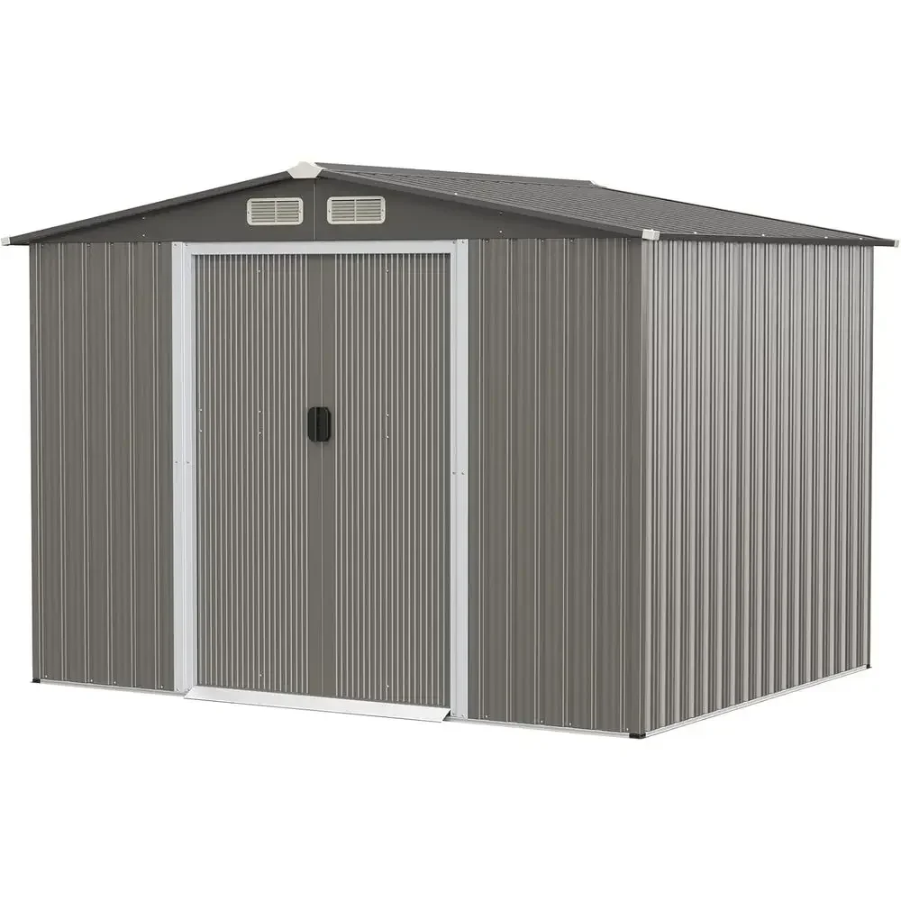 Weather-Resistant Outdoor Storage Shed, 8.5' x 6.8' x 6', Galvanized Steel, Utility Organizer with Foundation, Louvers, Double D