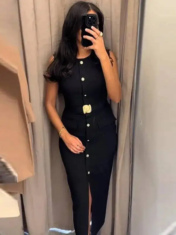 Damskie czarne sukienki z paskiem, długie sukienki, letnie sukienki damskie 2026, codzienne sukienki midi bez rękawów, sukienki zapinane na guziki, dopasowane sukienki 9COH