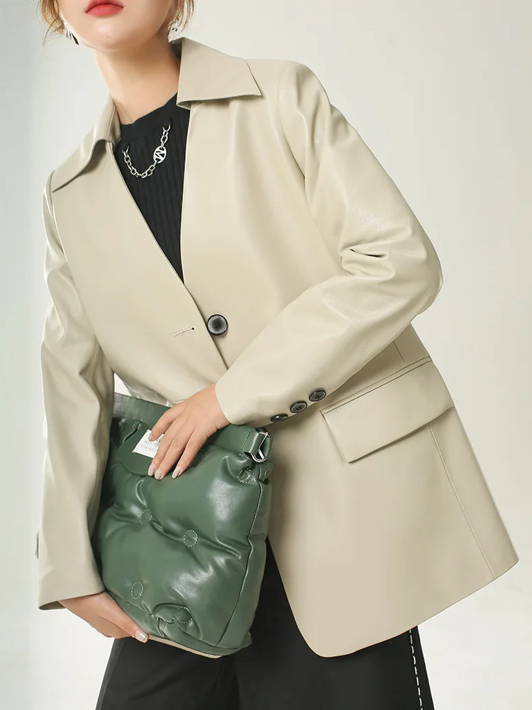 Women's The First Layer Sheepskin Suit Jacket, Collarless Suit, Lady Leather Coat, Spring and Autumn Fashion