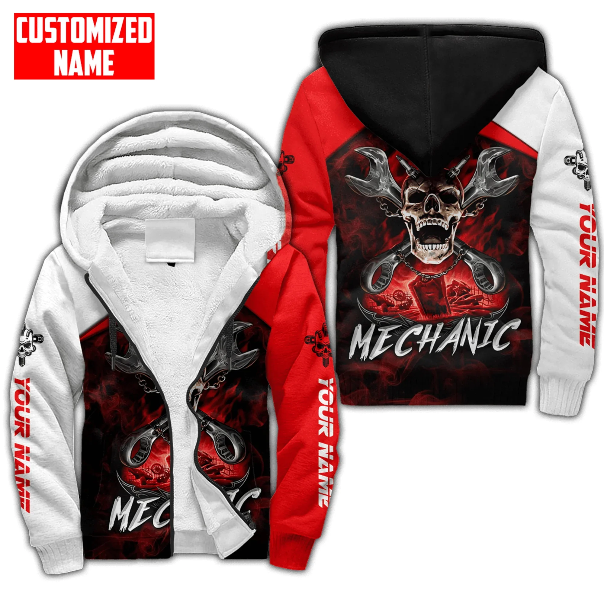 Custom Name Mechanic & Skull 3D Printed Mens Winter Thicker Zip Hoodie Unisex Casual Hooded Tracksuit Warm Fleece Jacket KD25