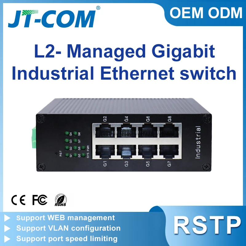 Managed Switch Gigabit L2-Managed Industriële Ethernet Switch Support Vlan, Web Management, Port Mirroring, 8-Port Switch 1000M