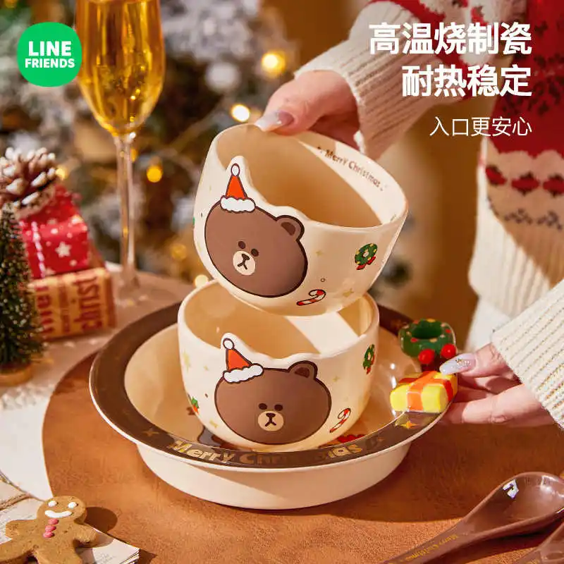 Line Friends Brown New Christmas Tableware Series Bowls Plates Shaped Spoon Set Home Dessert Cartoon Star Plate Decoration Gift