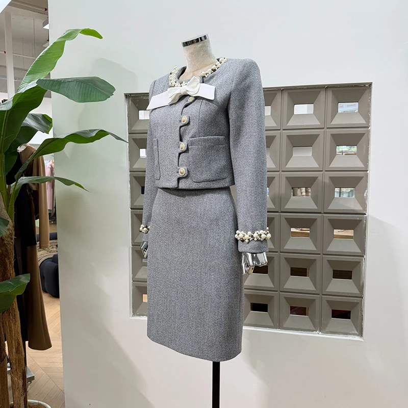 KBQ Temperament Two Piece Sets for Women Round Neck Long Sleeve Short Tops High Waist Skirt Chic Set Female Fashion Style New