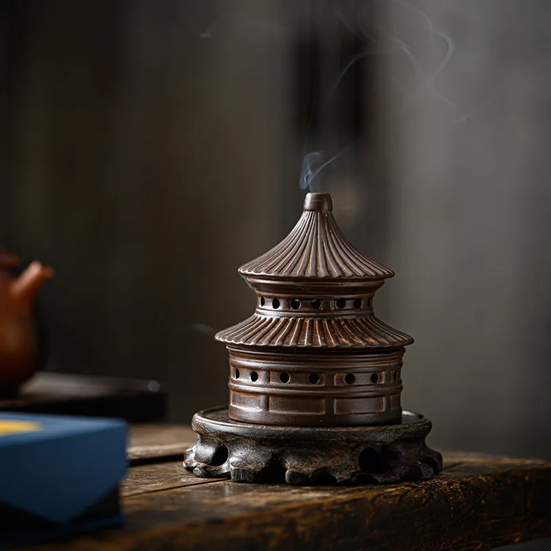 Vintage Ceramic Temple of Heaven Incense Burner with Stamp Zen Home Decor for Coil Cone Stick Aromatherapy Gift