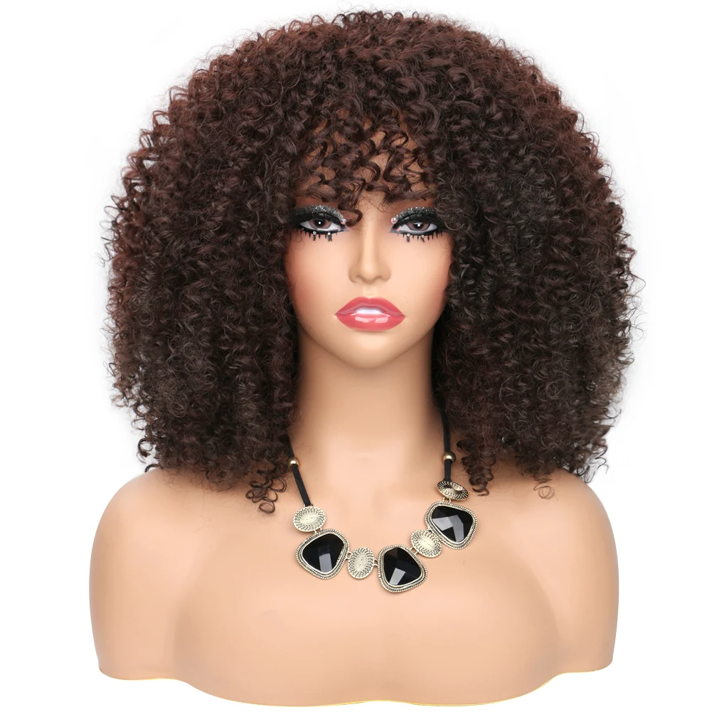 Curly Wigs For Black Women Afro Kinky Curly Wig with Bangs Bouncy Fluffy Synthetic Natural Hair Cosplay Party Heat Resistant