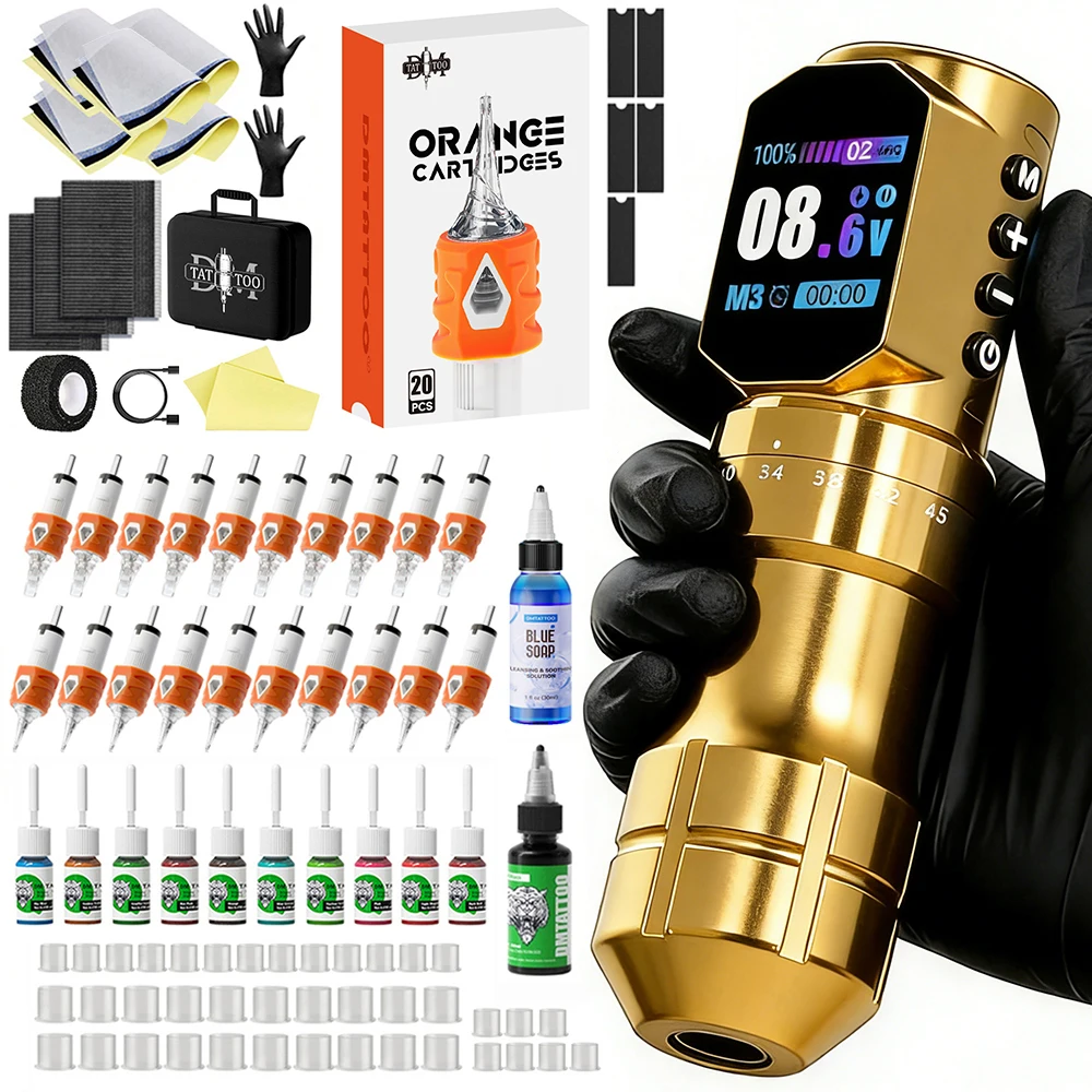 Tattoo Machine Kit Professional Adjustable Stroke Wireless Coreless Brushless Motor Tattoo Pen With Tattoo Blue Soap Tattoo Ink