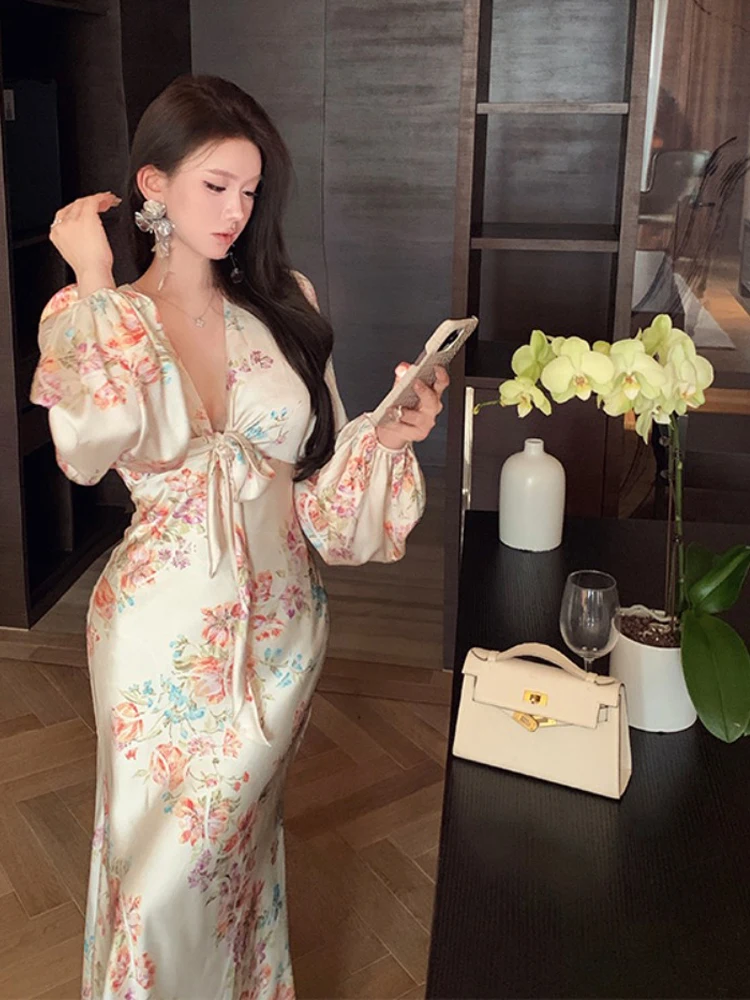 Spring Summer Floral Satin Long Sleeve V-Neck Dress Women Luxury Elegant Ruffled Mermaid Dress 2024 Korean Bodycon Evening Dress