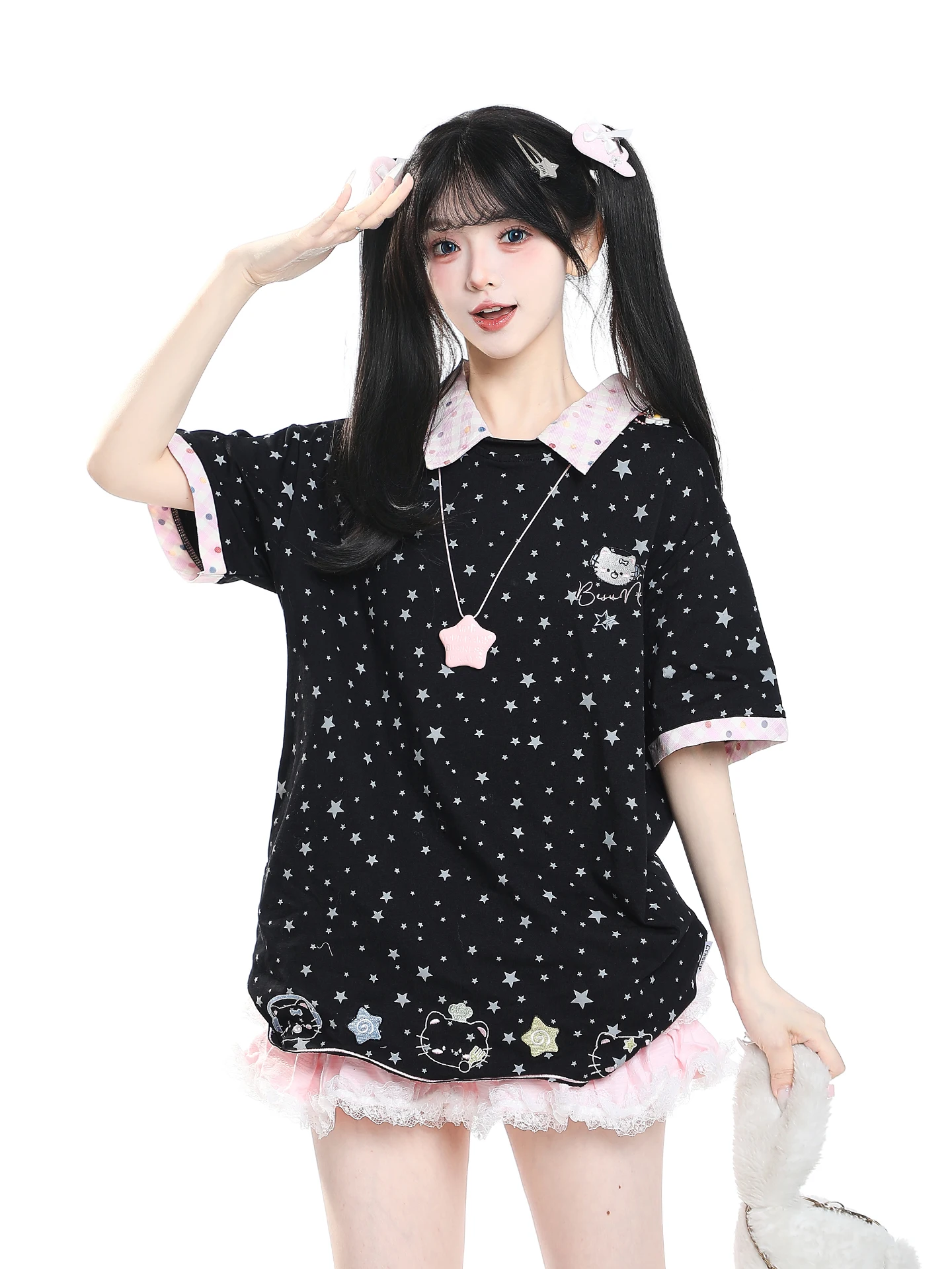 Casual Style Women's T-shirt Short Sleeve  Collar Star Print Loose Fit Summer Top Breathable Comfortable Skin-Friendly