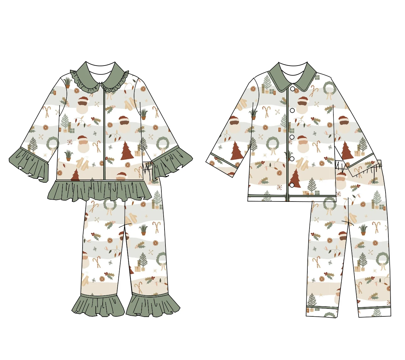 

New Christmas boutique children's suit pajamas candy tree print long sleeve lace milk silk girls and boys pajamas set