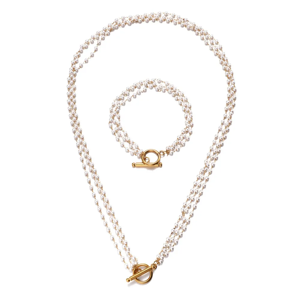 MinaMaMa zestawy biżuterii ze stali nierdzewnej dla kobiety przełącz ręcznie robione bransoletki z pereł Fuax naszyjniki