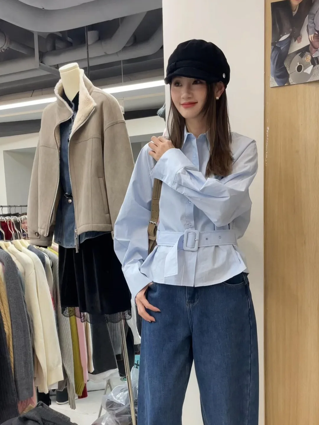 

Loose Fit Casual Sle Women's irt Belt Waist Cinched Turn down Collar Faion Slimming Spring 2026 New Design Korean Version