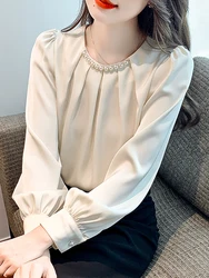 New Fashion Beading O-Neck Chiffon Blouse Shirt Women Tops Blouses Blusas Mujer De Moda 2024 Long Sleeve Blouse Women Blusa G879