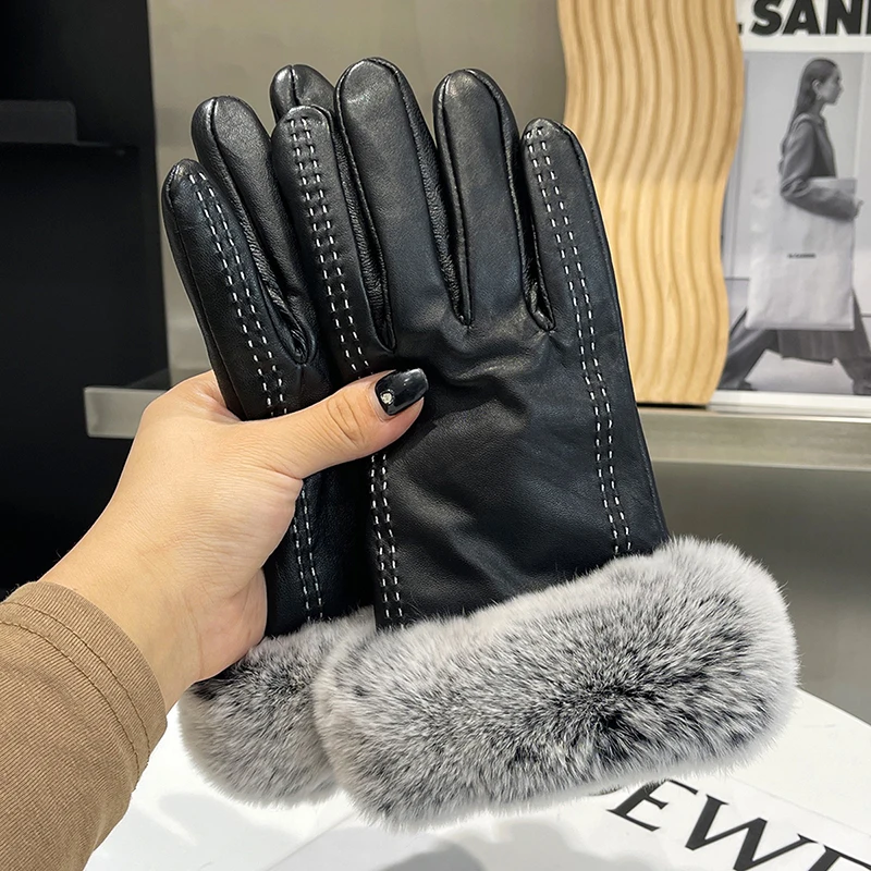 Genuine Leather Gloves For Women Winter Warm Gloves With Real Rabbit Fur Trim Cuff Riding Driving Mittens Touch Screen Gloves
