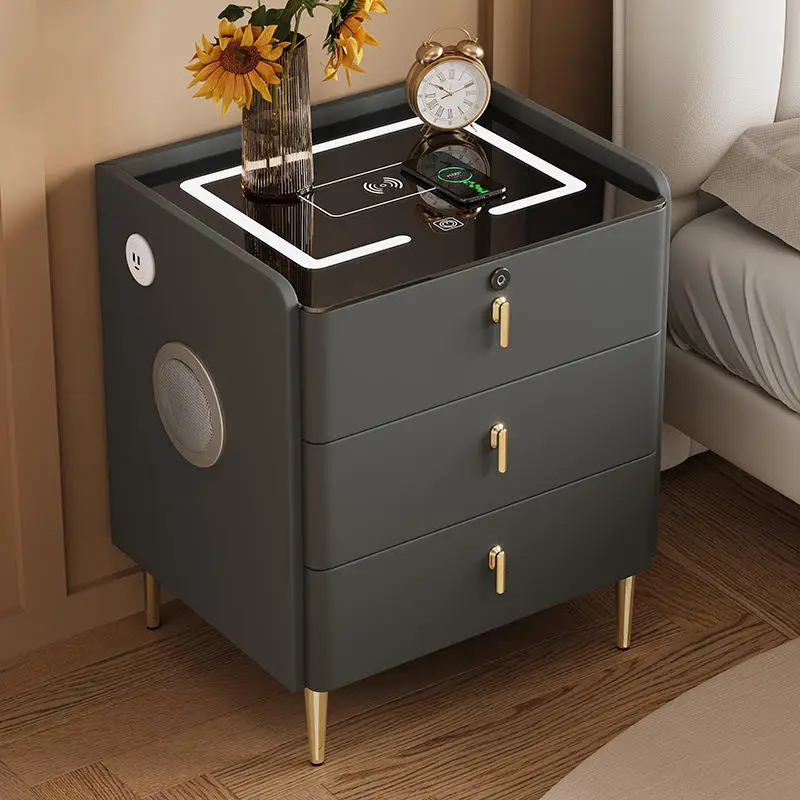 منضدة ذكية بيضاء، طاولة بجانب السرير خشبية مع وظيفة شحن لاسلكية وقفل بصمة الإصبع وخزانة بجانب السرير #5