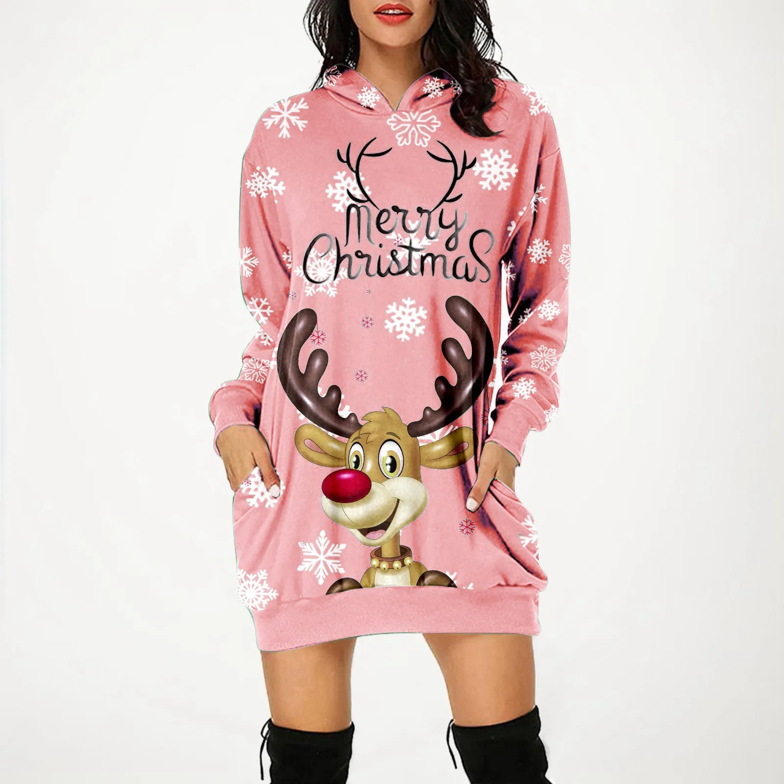 Christmas Snowflake Printed Long Sleeved Hooded Dress Loose Fit Pocket Comfort Sweatshirt Dress Casual Mini Dresses Women